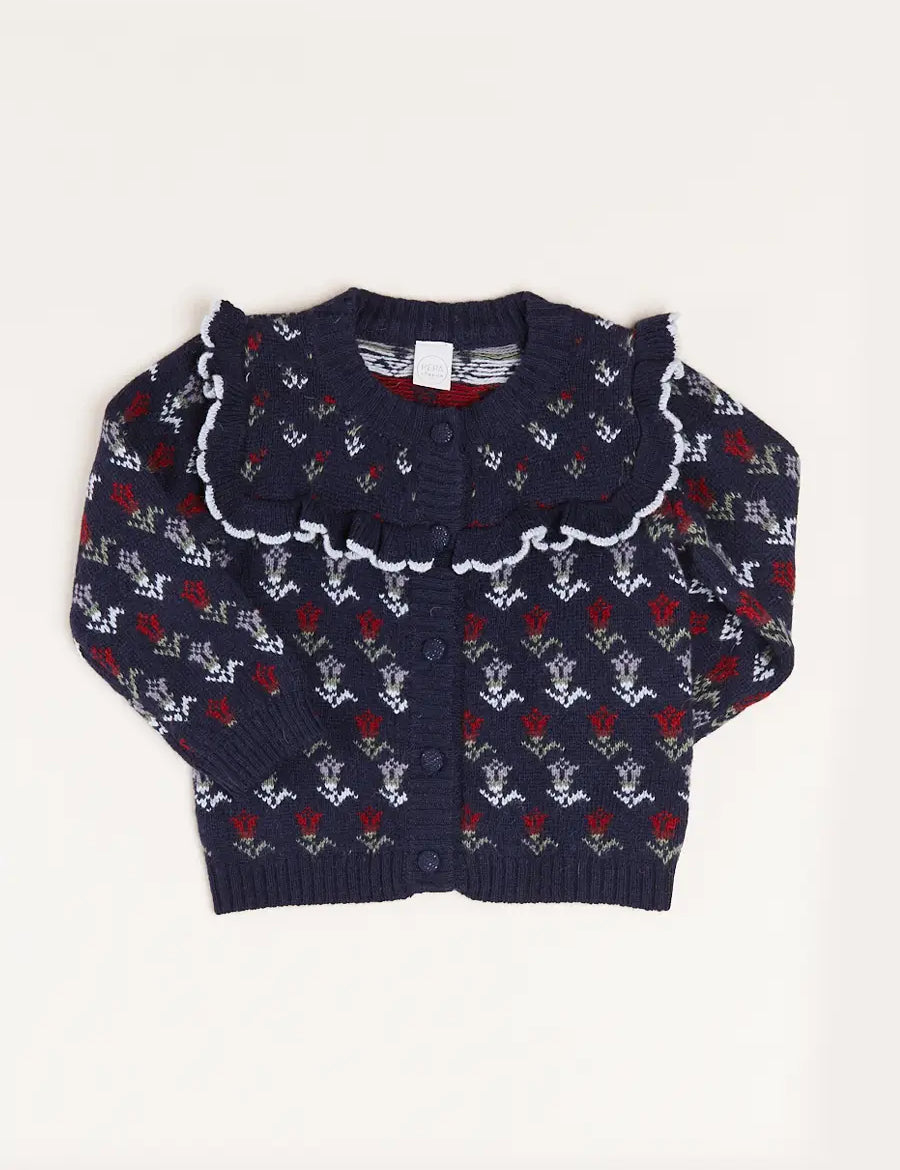 Floral Ruffle Bib Cardigan in Blue (2-10yrs) Knitwear from Pepa London