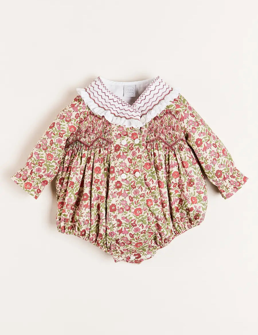 Daphne Floral Hand Smocked Romper in Pink (6mths-2yrs) Rompers from Pepa London