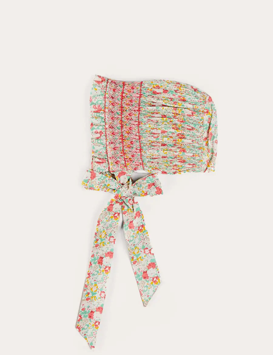 Clementine Floral Hand Smocked Bonnet in Coral (S-M) BONNETS from Pepa London