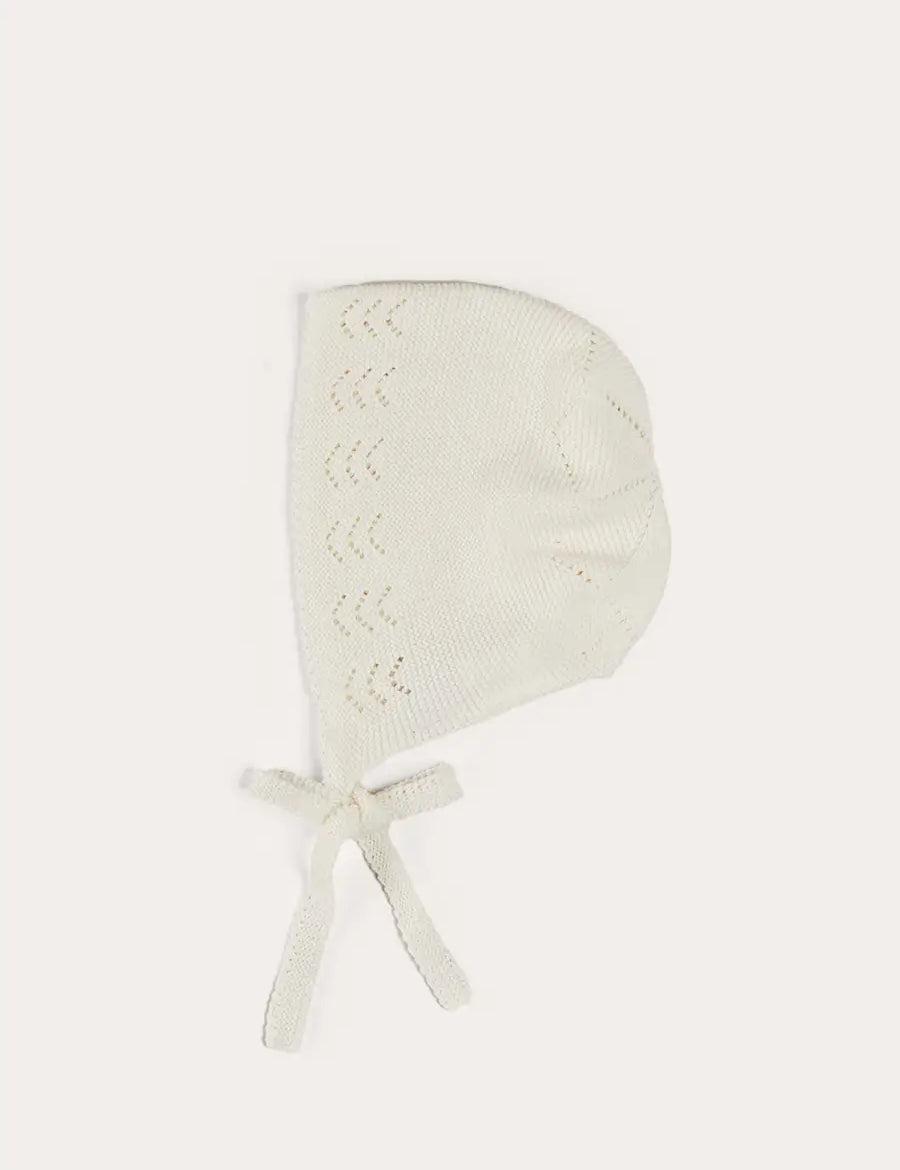 Openwork Cotton Knitted Bonnet in Cream (S-L) BONNETS from Pepa London