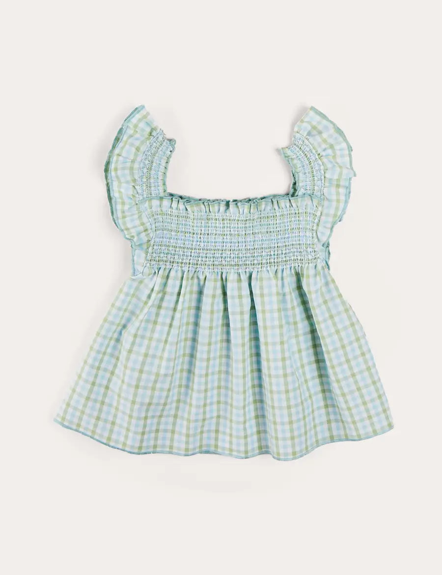 Maxwell Gingham Smock Detail Blouse in Green (5-10yrs) Blouses from Pepa London