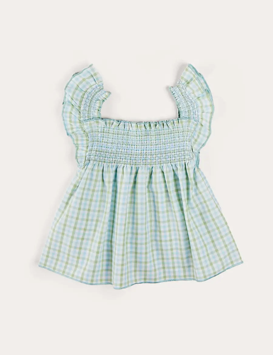 Maxwell Gingham Smock Detail Blouse in Green (5-10yrs) Blouses from Pepa London