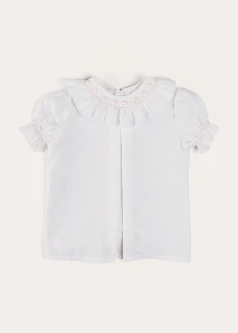 Hand Smocked Collar Short Sleeve Blouse in White (18mths-6yrs) BLOUSES from Pepa London