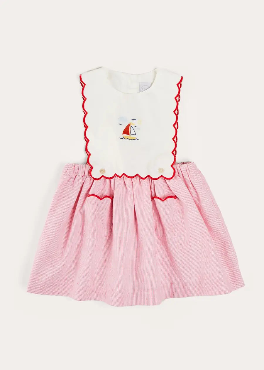 Lawrence Striped Boat Embroidered Scallop Detail Pinafore Skirt in Red (18mths-4yrs) SKIRTS from Pepa London