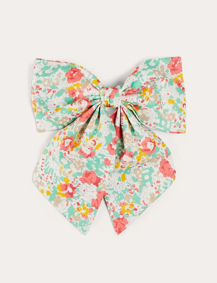 Clementine Floral Long Bow Hair Clip in Coral HAIR ACCESSORIES from Pepa London