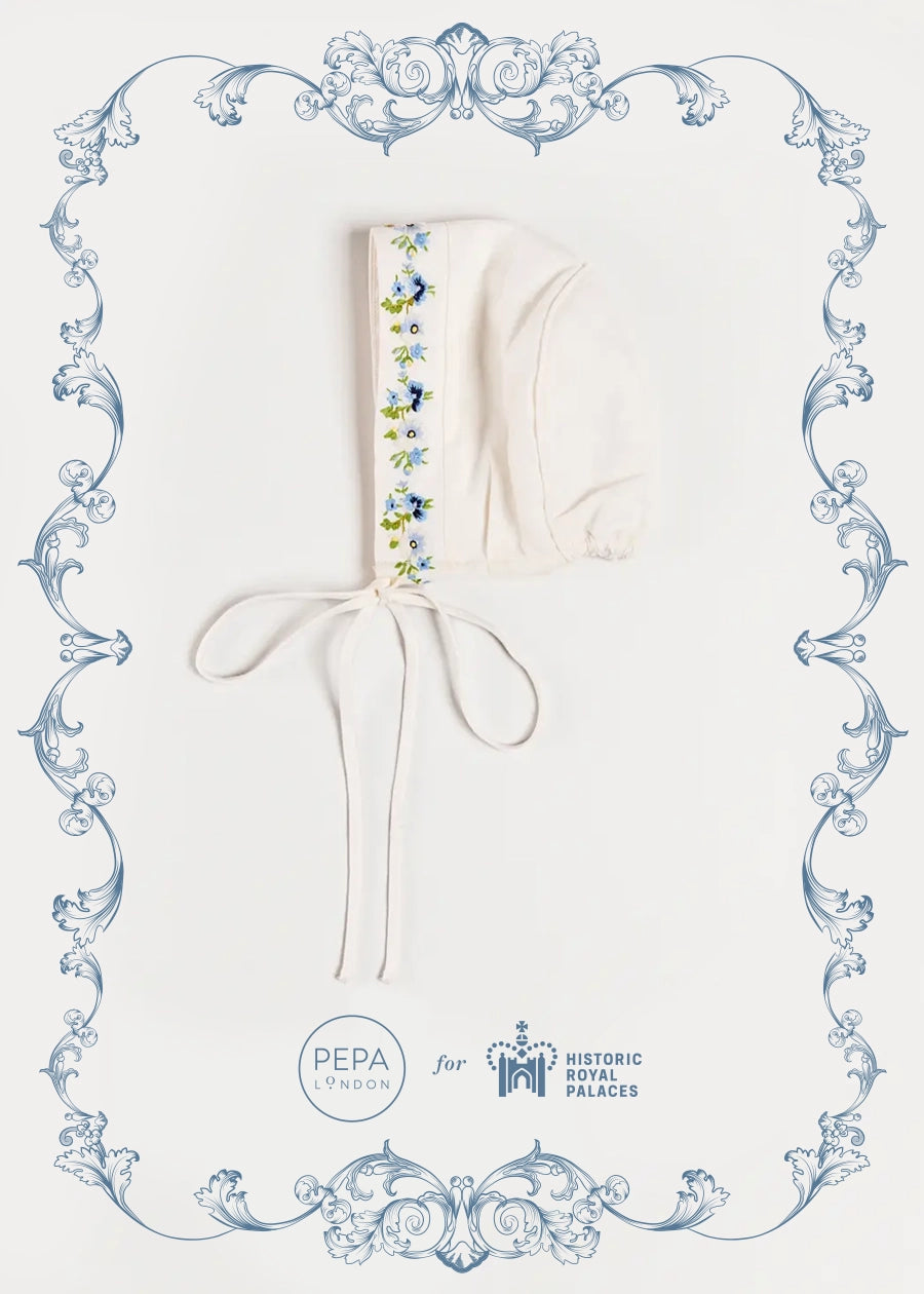 The Royal Embroidered Bonnet in White (S-M) Bonnets from Pepa London