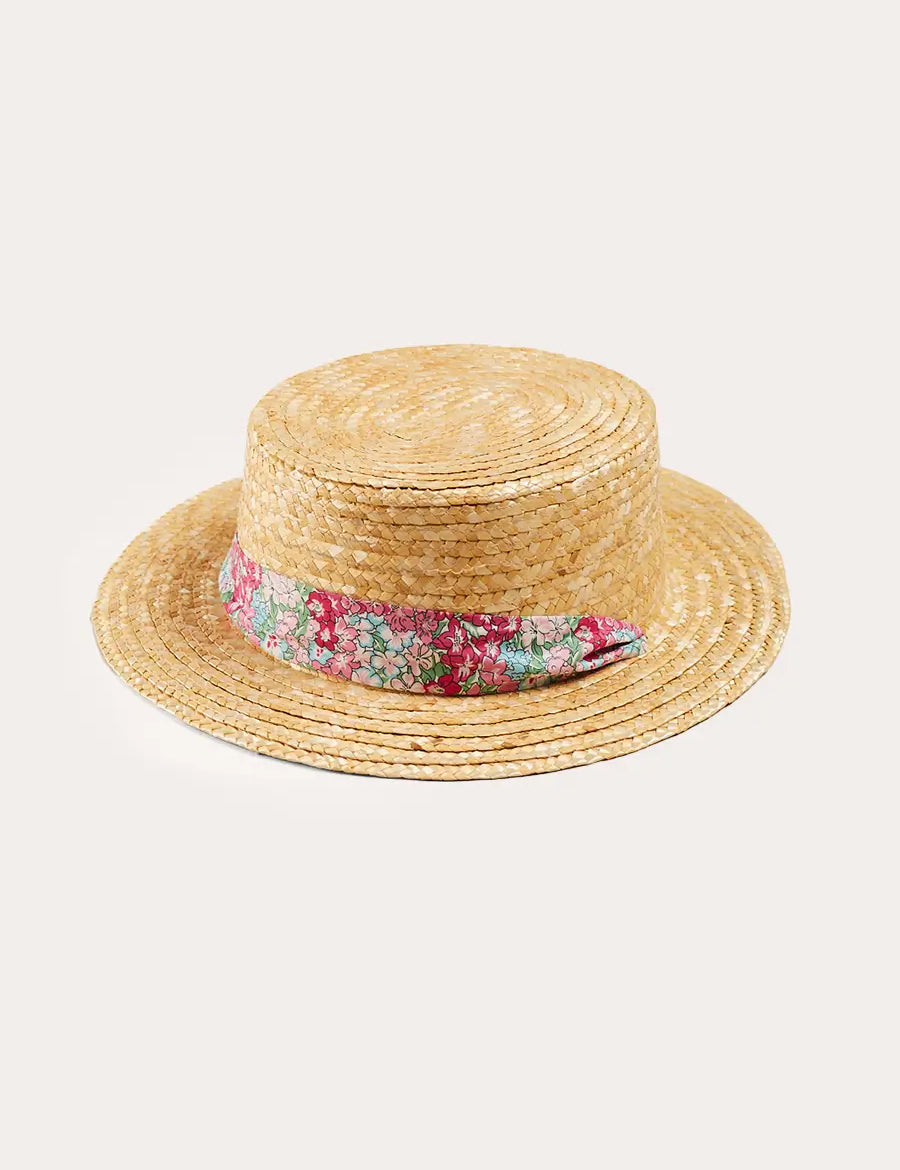 Viola Floral Bow Detail Boater Hat in Pink (S-M) ACCESSORIES from Pepa London