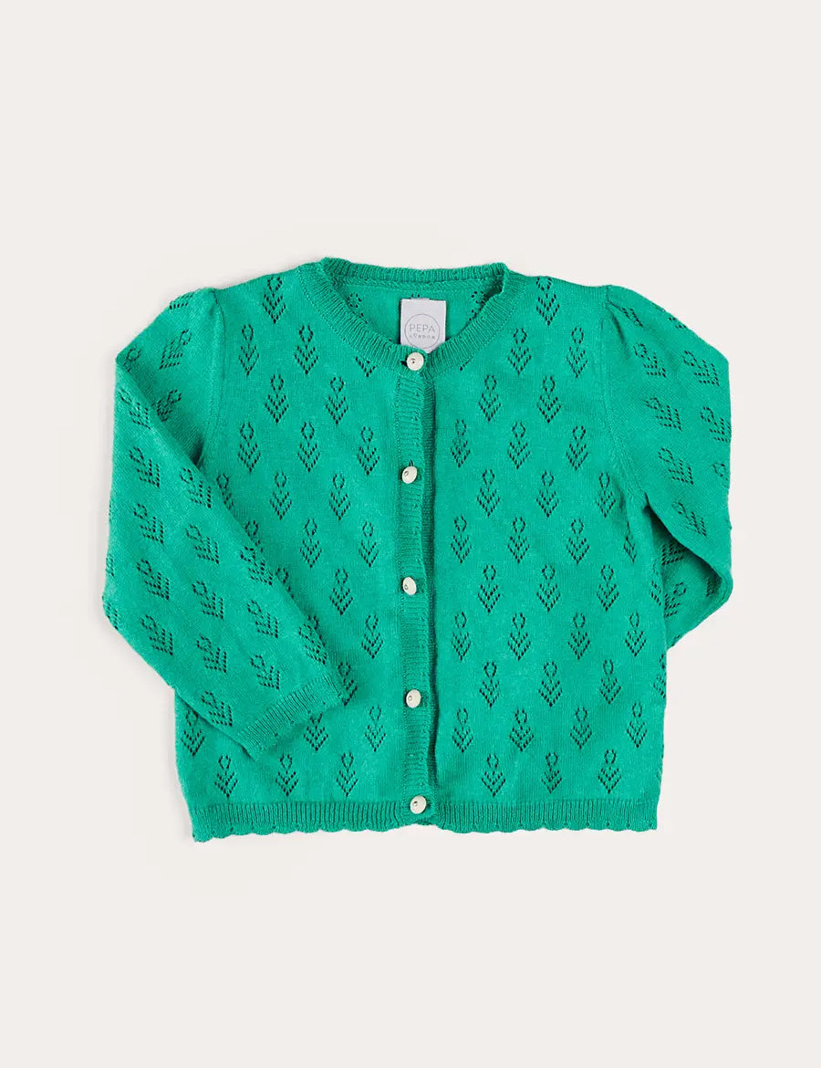 Floral Openwork Cotton Cardigan in Green (2-10yrs) KNITWEAR from Pepa London