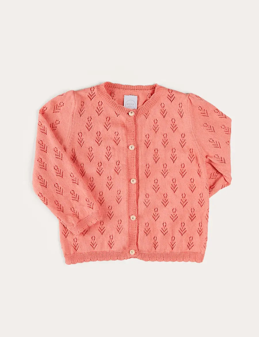 Floral Openwork Cotton Cardigan in Pink (2-10yrs) KNITWEAR from Pepa London