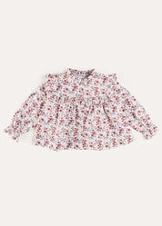 Louisa Floral Ruffle Trim Long Sleeve Blouse in Burgundy (4-10yrs) Blouses from Pepa London
