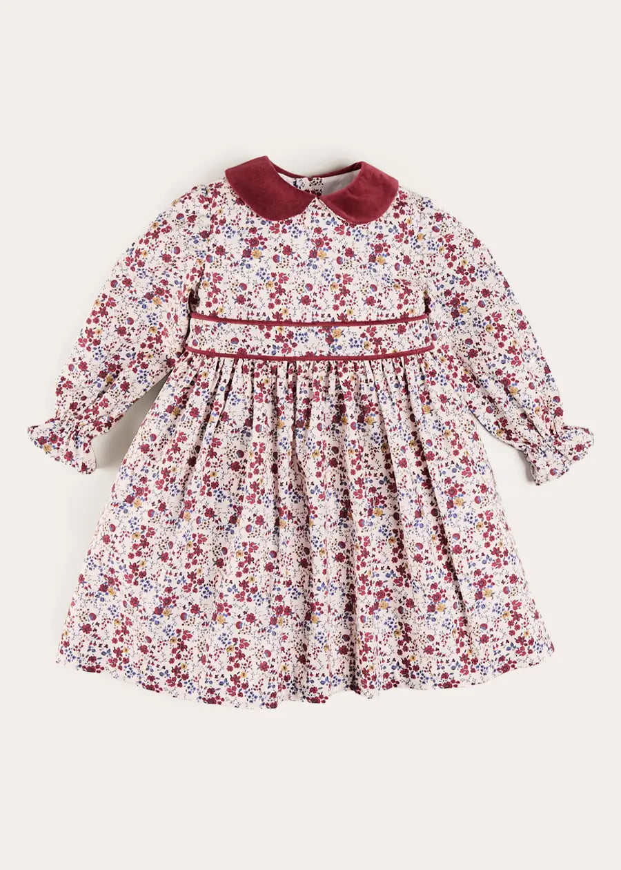 Louisa Floral Velvet Collar Long Sleeve Dress in Burgundy (18mths-10yrs) Dresses from Pepa London