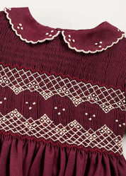 Hand Smocked Peter Pan Collar Short Sleeve Dress in Burgundy (12mths-10yrs) Dresses from Pepa London