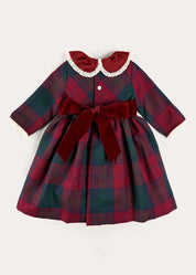 Grosvenor Tartan Lace Detail Velvet Bow Dress in Red (12mths-12yrs) Dresses from Pepa London