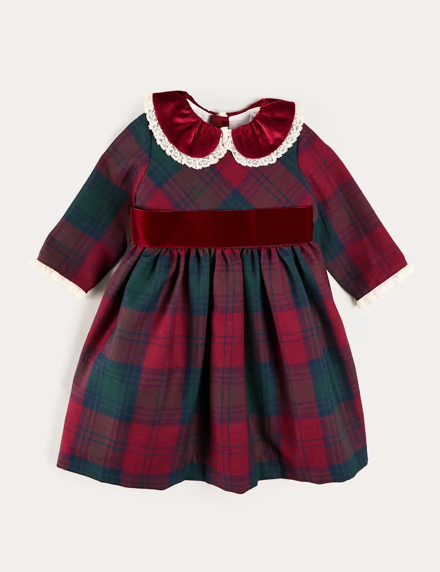 Grosvenor Tartan Lace Detail Velvet Bow Dress in Red (12mths-12yrs) Dresses from Pepa London