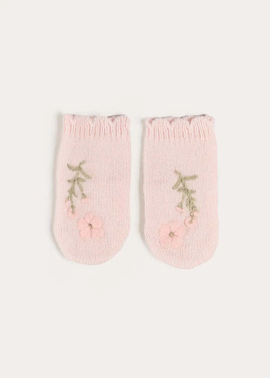 Alpaca Wool Flower Embroidered Mittens in Pink (XS-L) Knitted Accessories from Pepa London