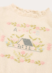 Alpaca Wool Cottage Cross Stitch Embroidered Jumper in Cream (6mths-4yrs) Knitwear from Pepa London