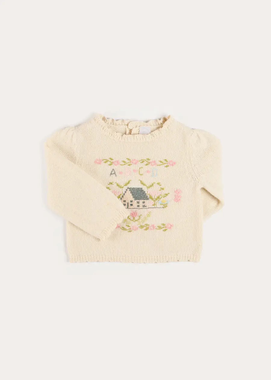 Alpaca Wool Cottage Cross Stitch Embroidered Jumper in Cream (6mths-4yrs) Knitwear from Pepa London