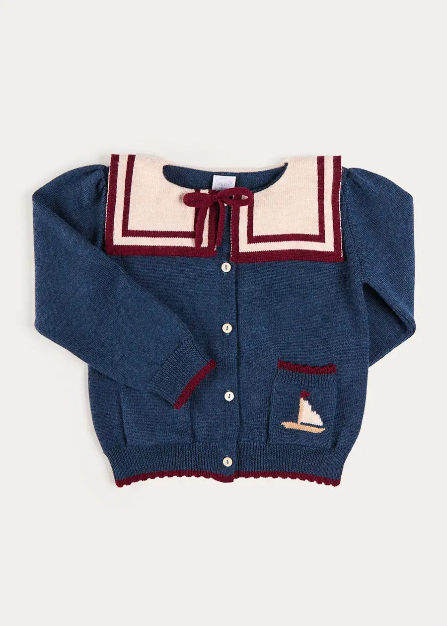 Mariner Collar Jacquard Boat Embroidered Detail Cardigan in Navy (3-10yrs) Knitwear from Pepa London