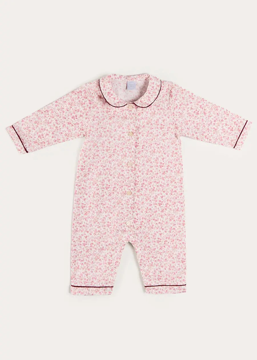 Jane Floral Long Sleeve All In One Pyjamas with Burgundy Piping in Pink (6mths-3yrs) NIGHTWEAR from Pepa London