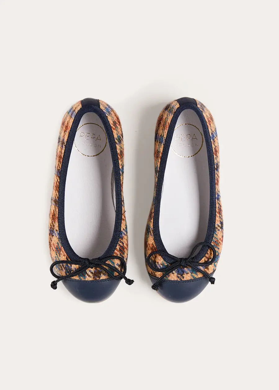 Vincent Check Tweed Ballerina Shoes in Brown (24-35EU) Shoes from Pepa London