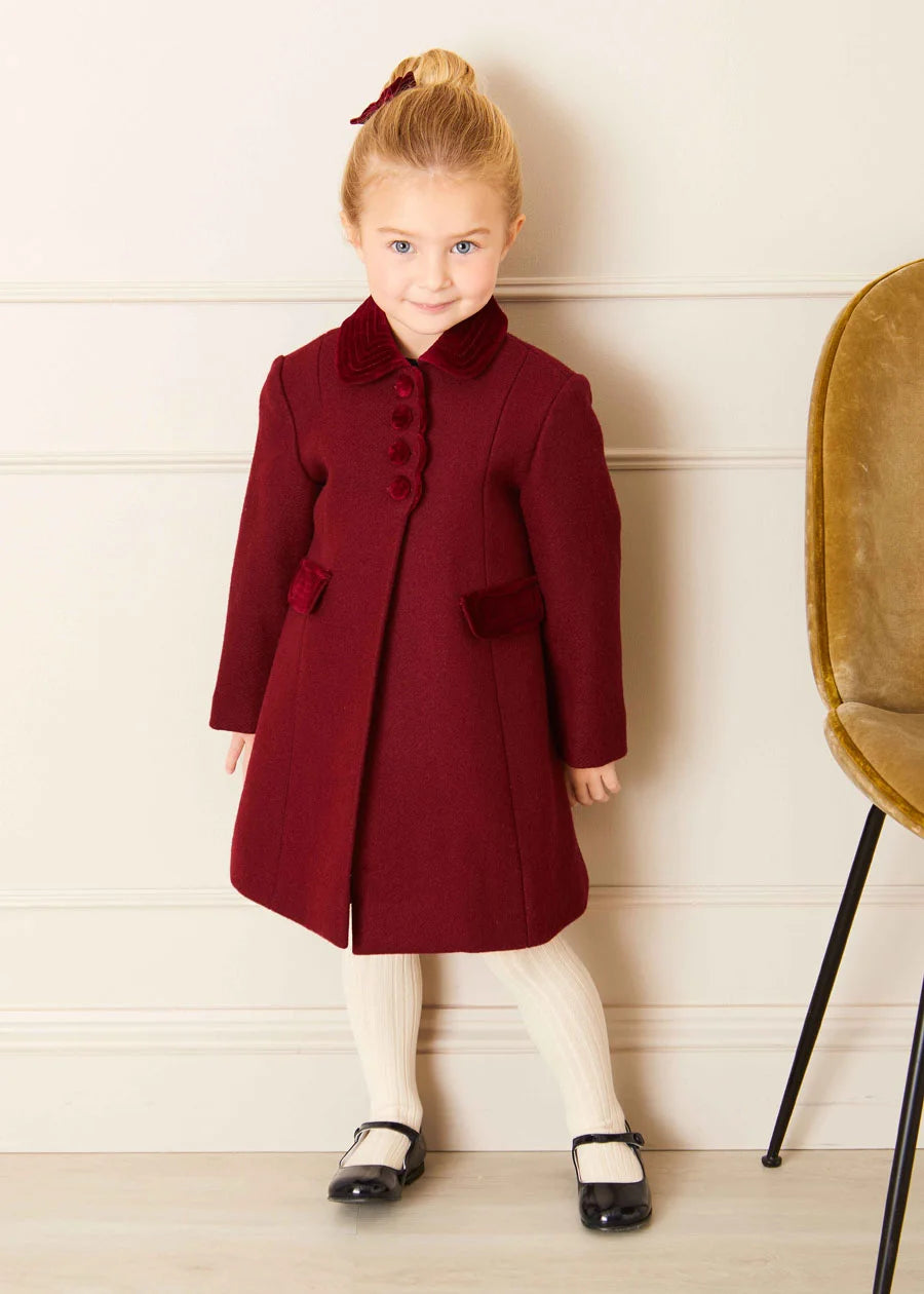 Single Breasted Scallop Detail Coat In Burgundy (12mths-12yrs) COATS from Pepa London
