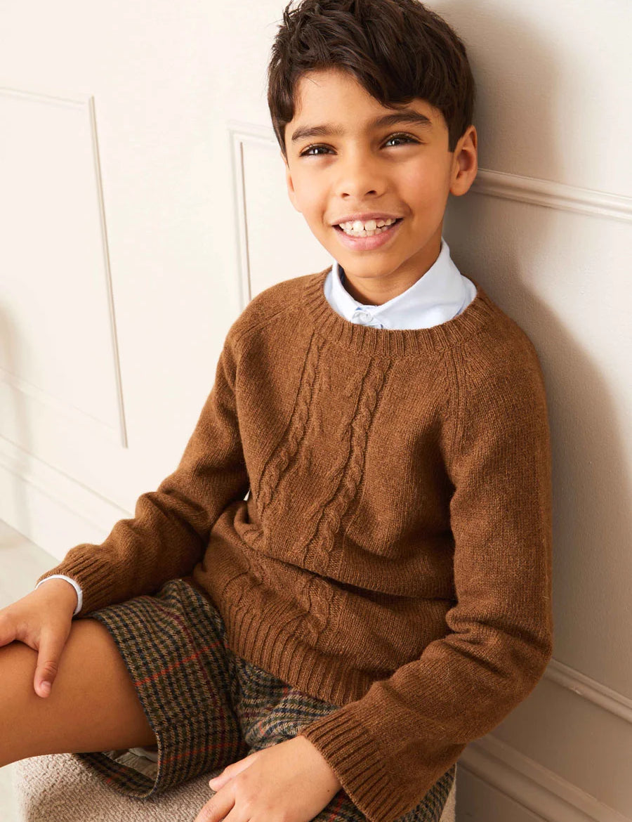 Chunky Cable Knit Crew Neck Jumper in Brown (4-10yrs) Knitwear from Pepa London