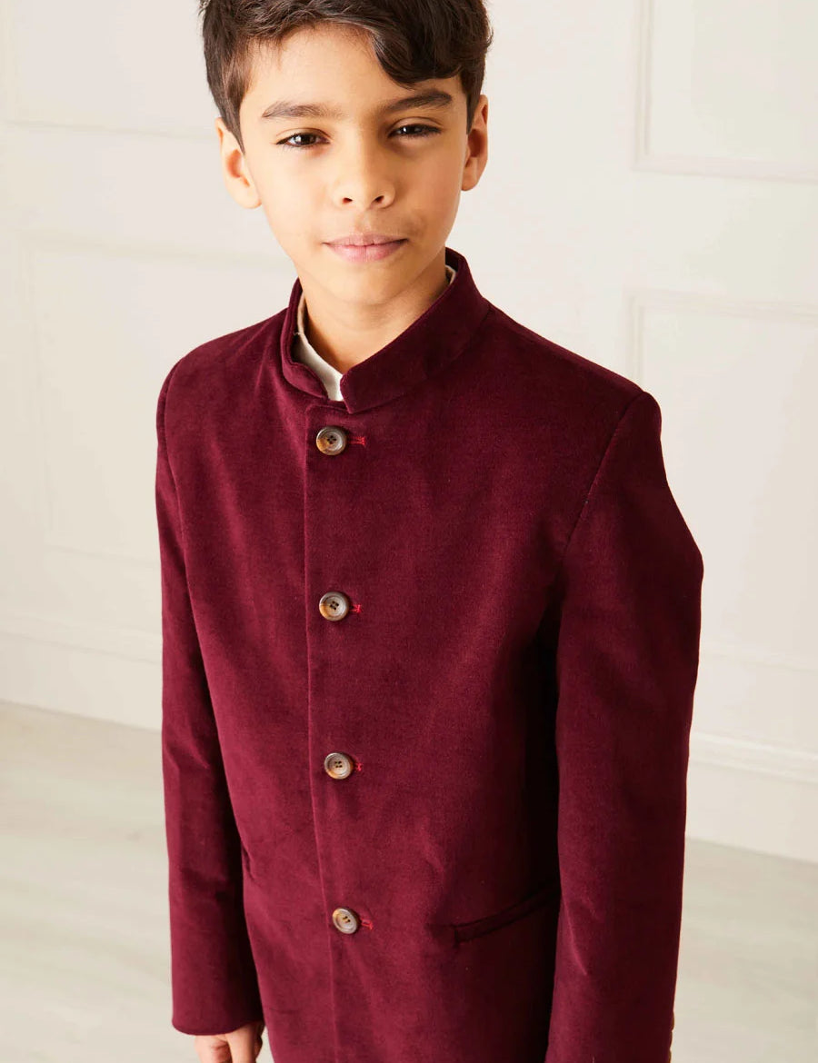 Velvet Mao Collar Blazer in Burgundy (4-10yrs) Coats from Pepa London