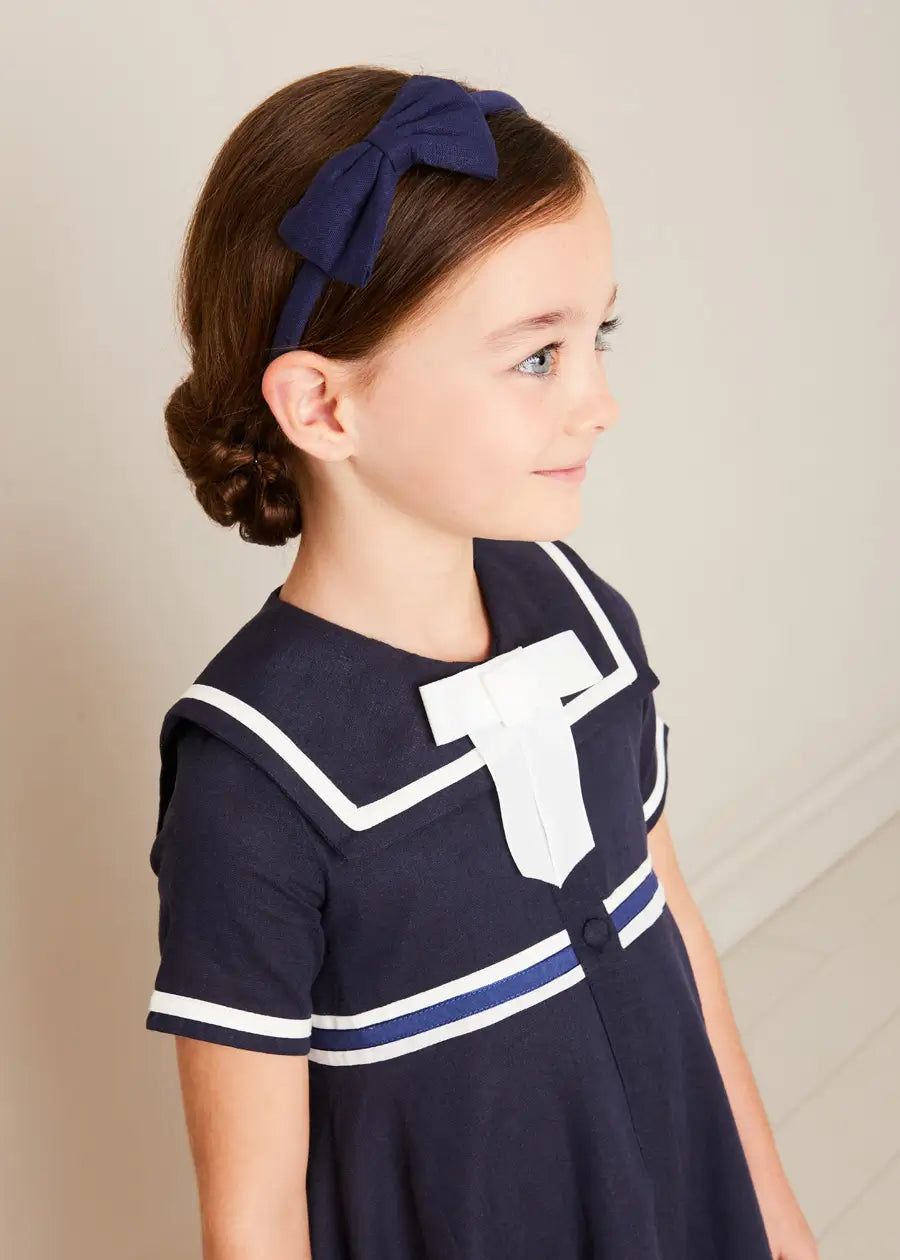 Navy Linen Big Bow Hairband Hair Accessories from Pepa London