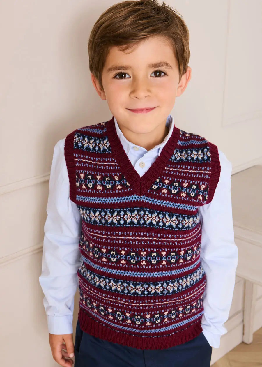 Jacquard Knit Sweater Vest in Burgundy (4-10yrs) Knitwear from Pepa London