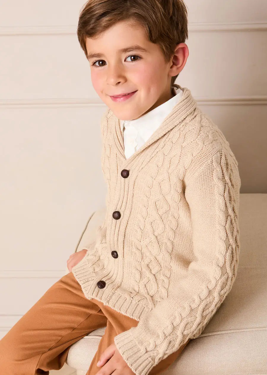 Cable Knit Shawl Neck Cardigan in Camel Pepa London