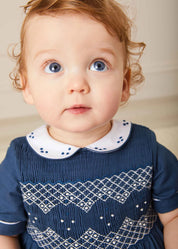 Hand Smocked Peter Pan Collar Short Sleeve Romper in Royal Blue (6mths-2yrs) Rompers  from Pepa London