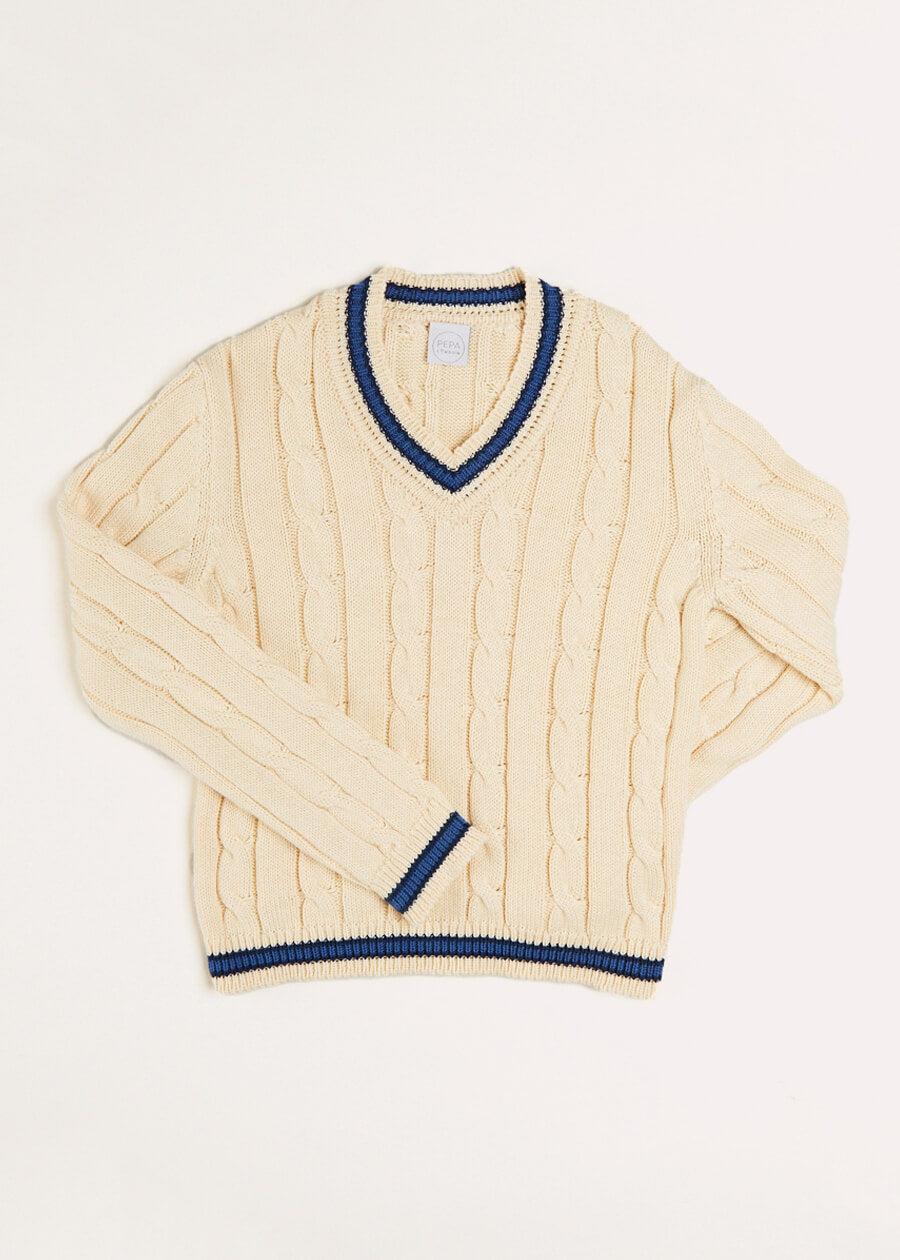 Cable Knit V-Neck Jumper in Cream (4-10yrs) Knitwear from Pepa London