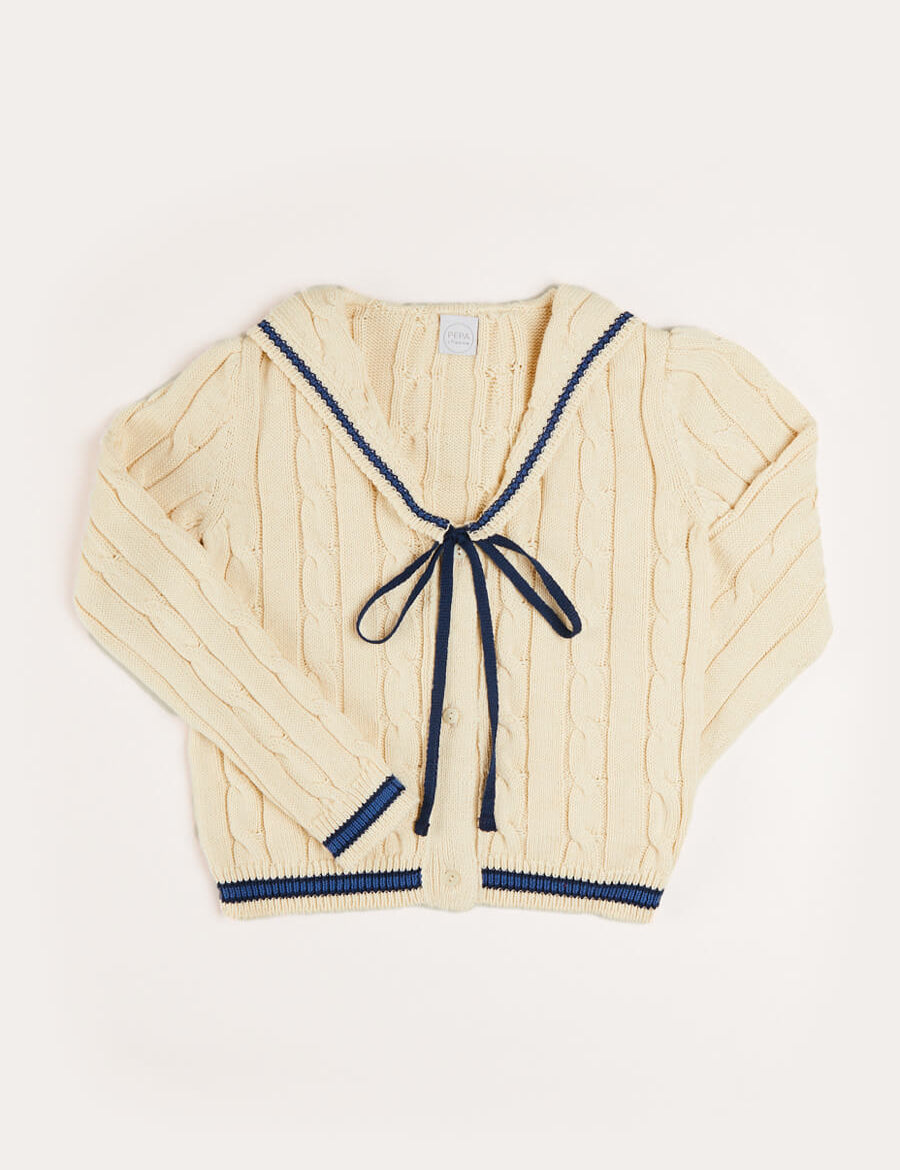 Cable Knit Mariner Cardigan in Beige (4-10yrs) Knitwear from Pepa London