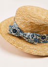 Daphne Floral Print Bow Detail Straw Hat in Blue (XS-M) Accessories  from Pepa London
