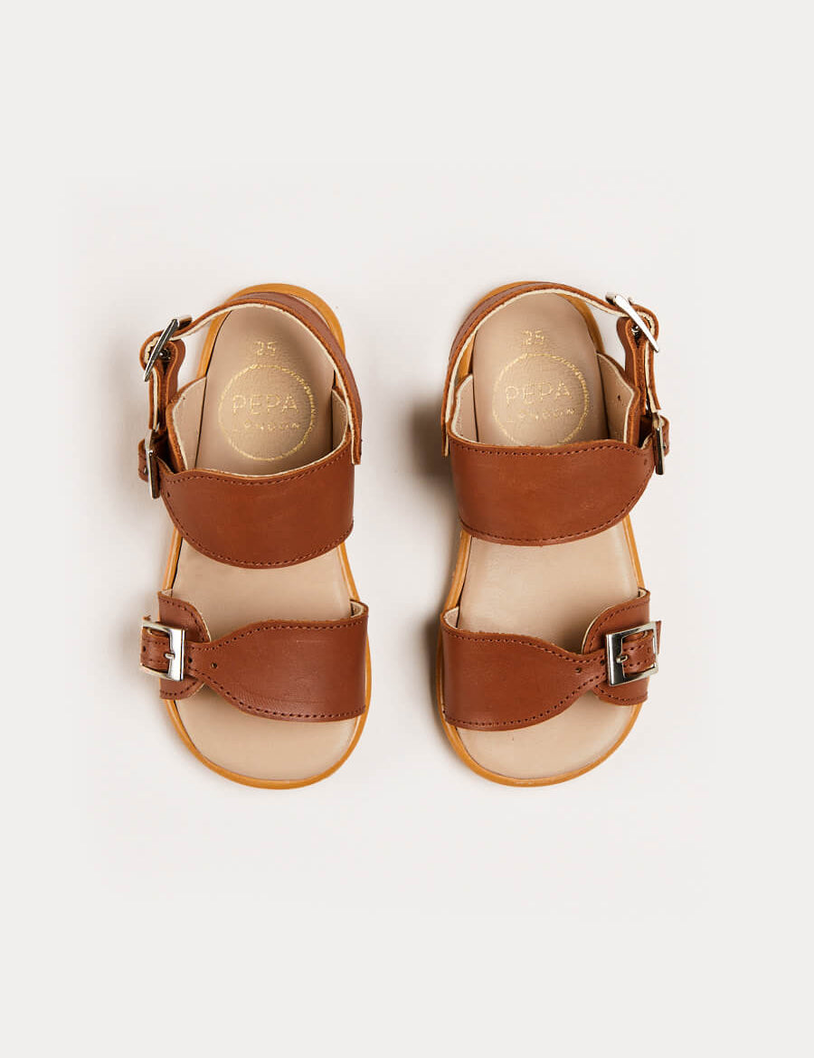 Leather Buckle Detail Sandals in Camel (24-34EU) Shoes from Pepa London