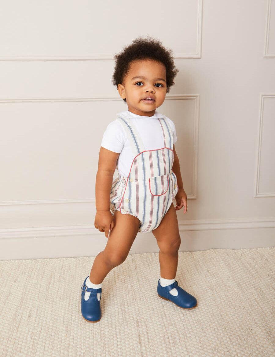 Striped Pocket Front Dungaree Romper in Red (3-18mths) Rompers from Pepa London