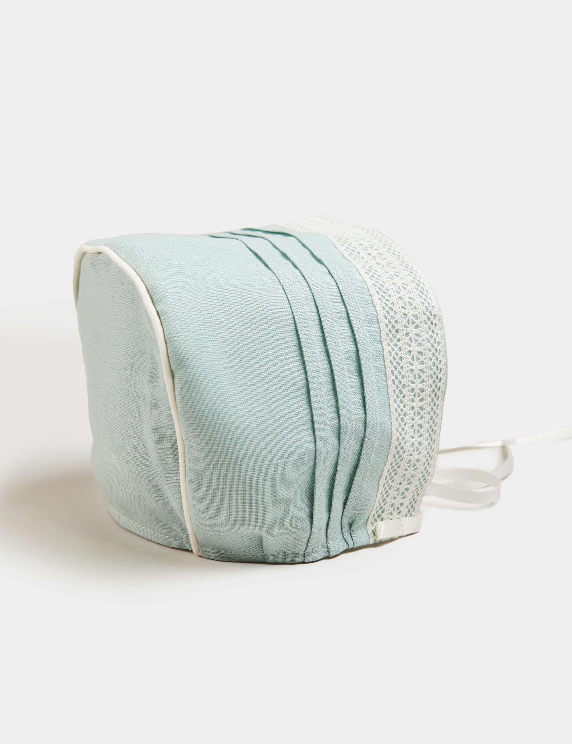 Lace Trim Linen Bonnet in Teal (3mths-2yrs) Accessories from Pepa London