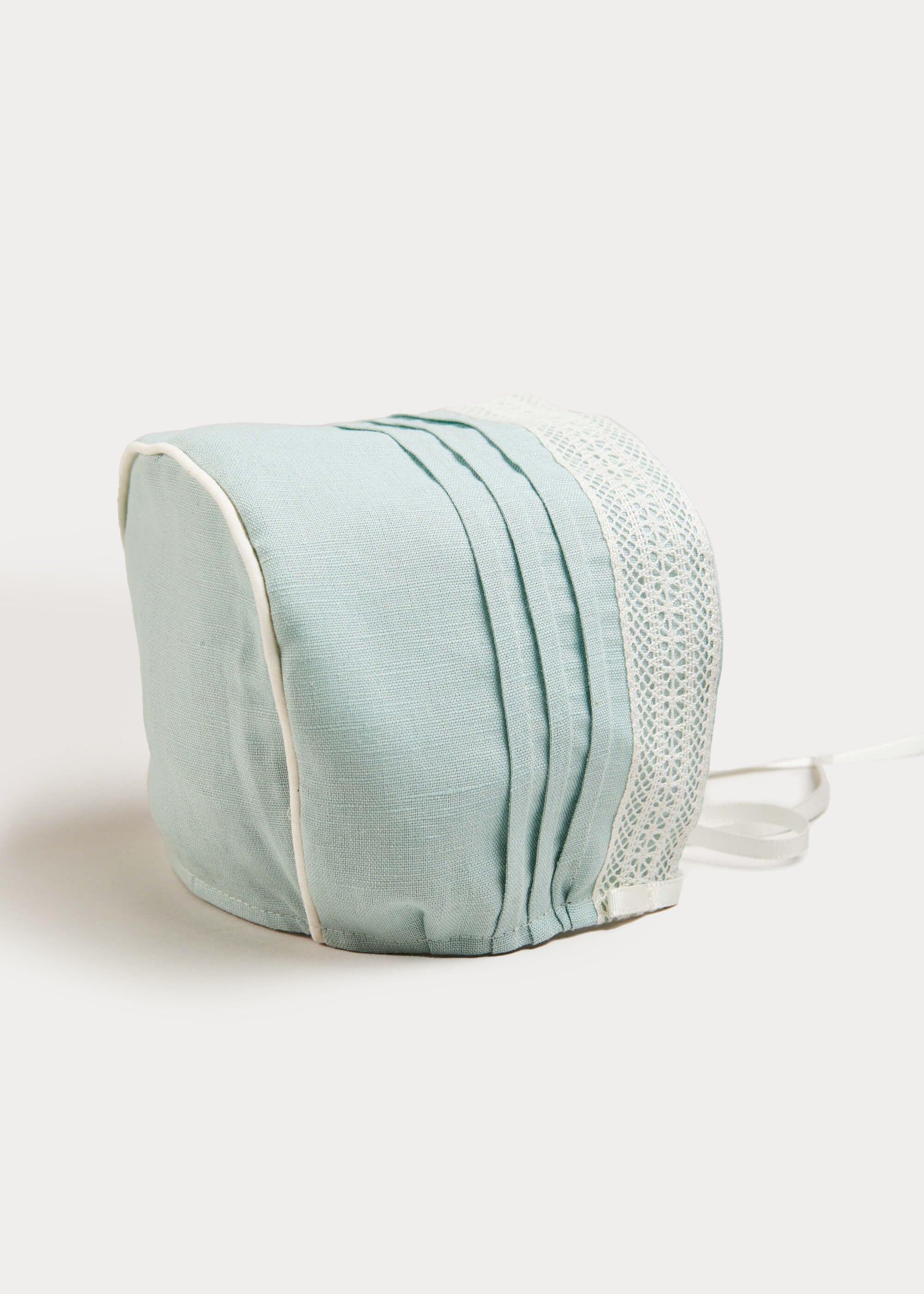 Lace Trim Linen Bonnet in Teal (3mths-2yrs) Accessories from Pepa London