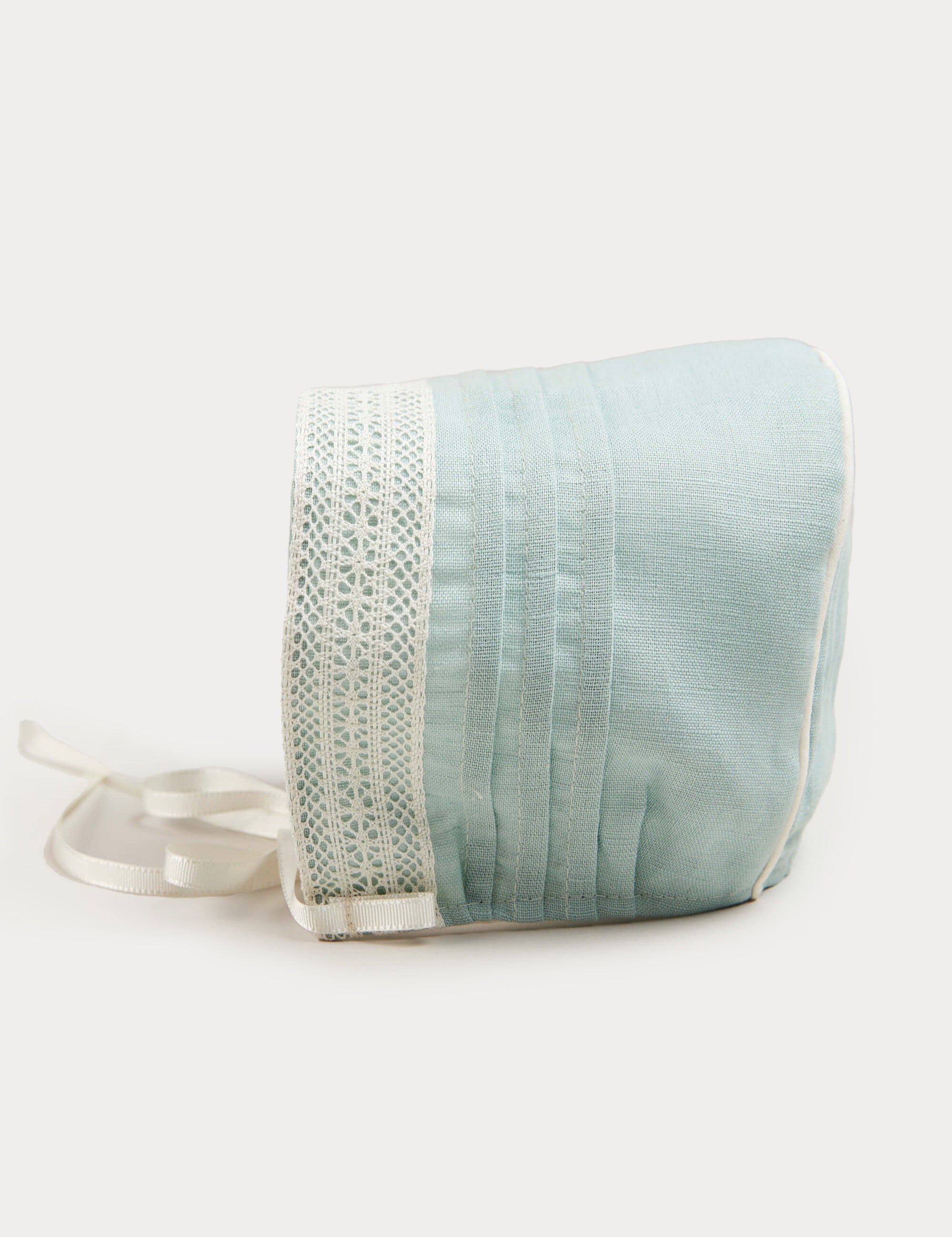 Lace Trim Linen Bonnet in Teal (3mths-2yrs) Accessories from Pepa London