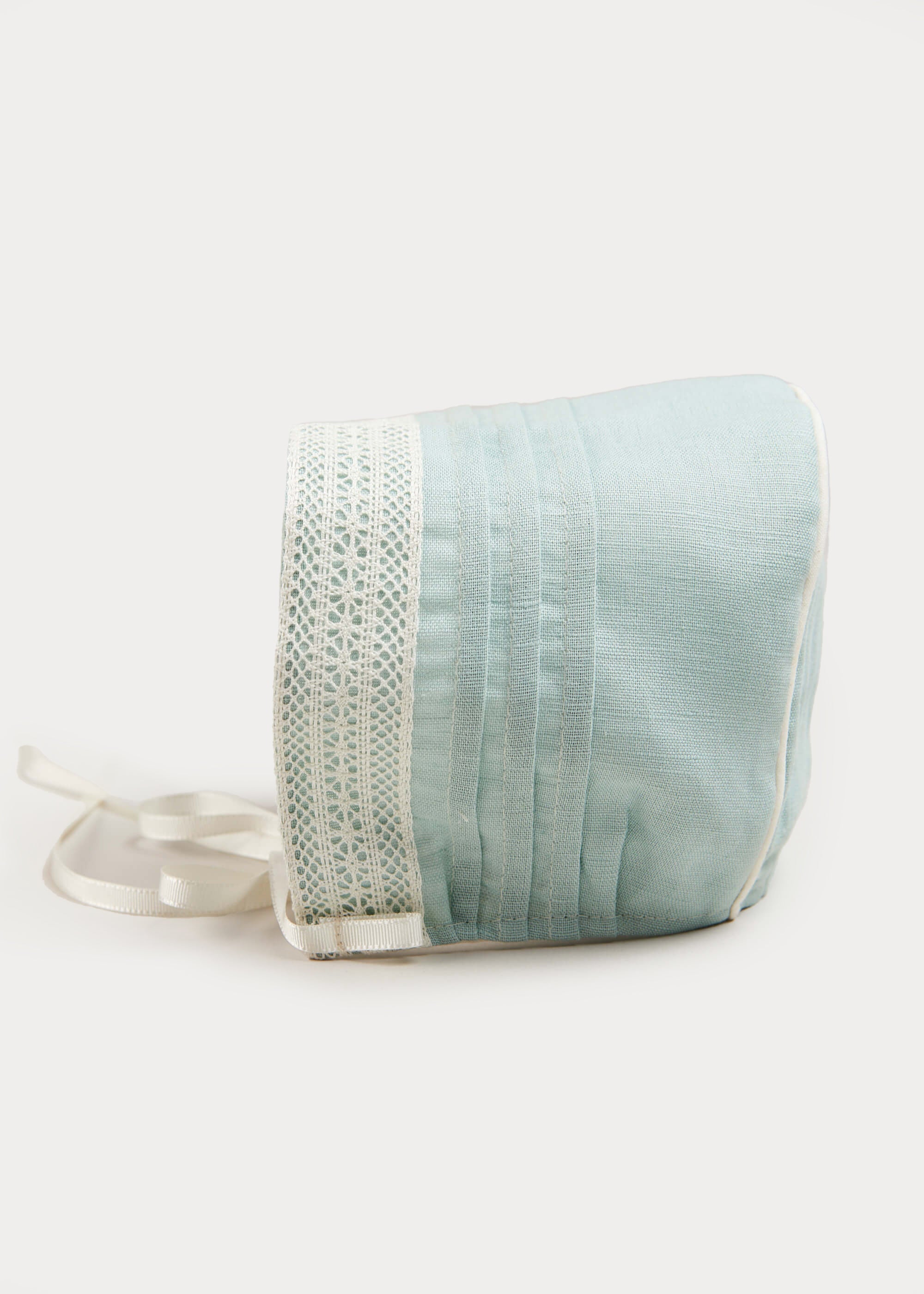Lace Trim Linen Bonnet in Teal (3mths-2yrs) Accessories from Pepa London