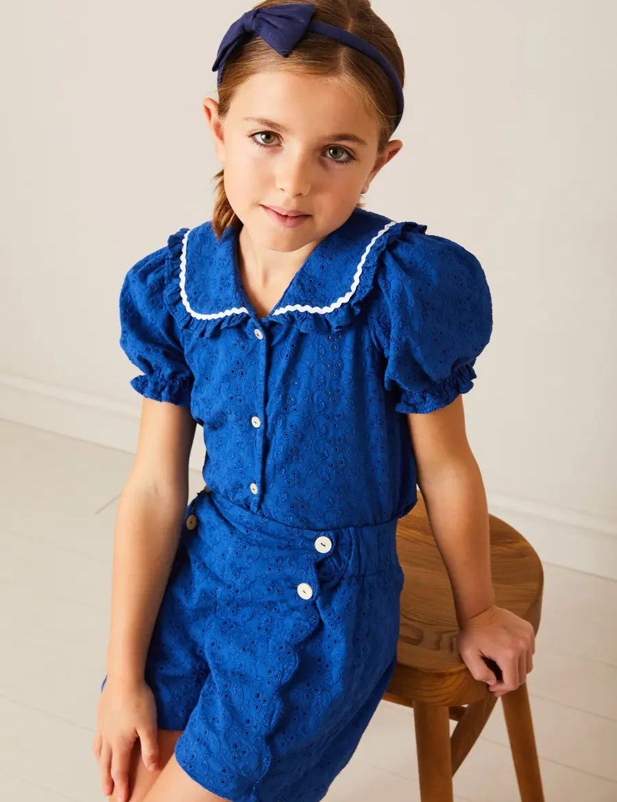 Broderie Anglais Button Detail Shorts in Blue (4-12yrs) SHORTS from Pepa London