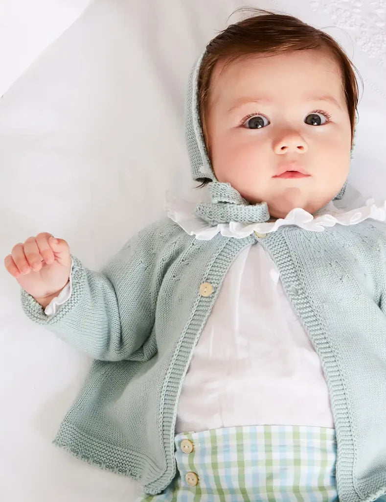 Openwork Detail Baby Cardigan in Green (1-12mths) Knitwear from Pepa London