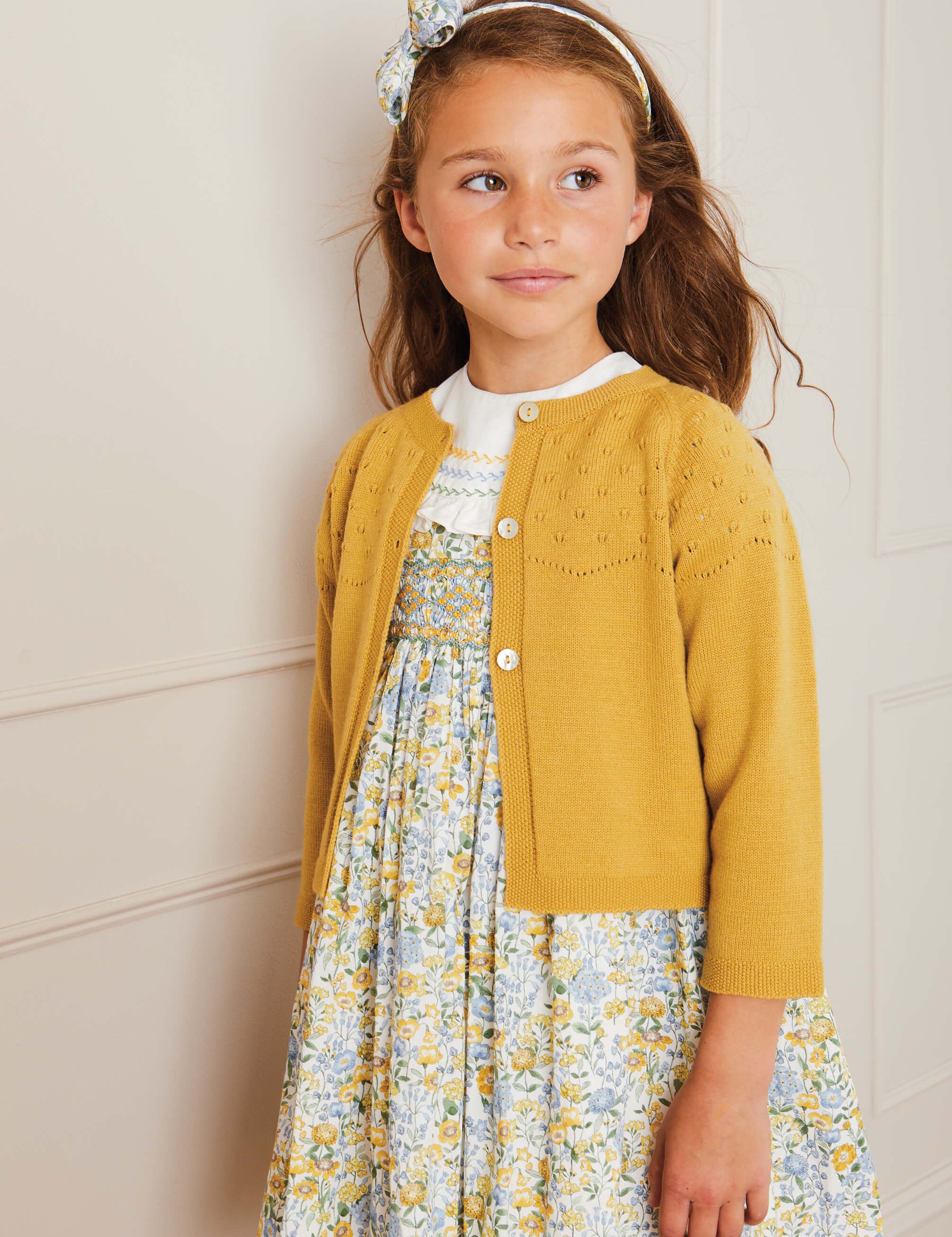 Openwork Buttoned Cardigan in Mustard (12mths-10yrs) Knitwear from Pepa London