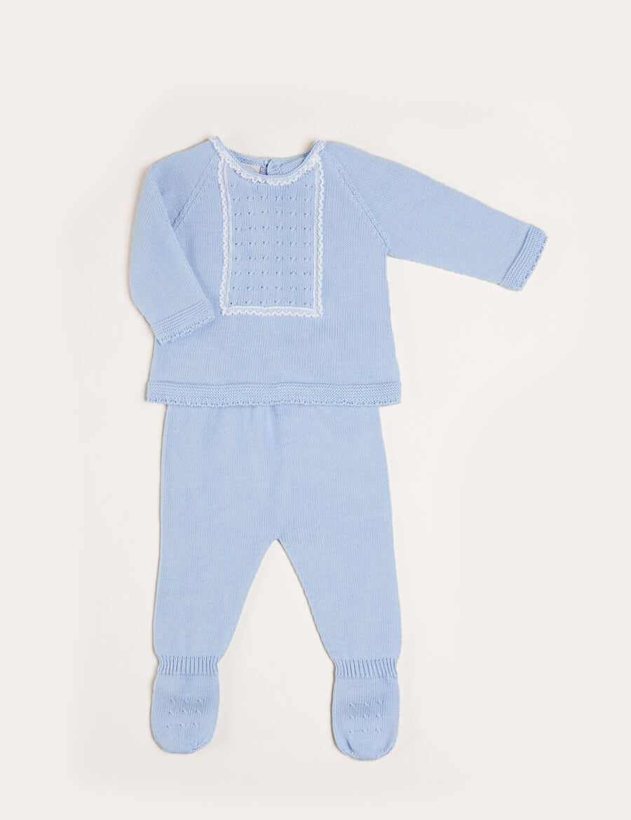 Lace Trim Knitted Set in Blue (1-12mths) Knitted Sets from Pepa London