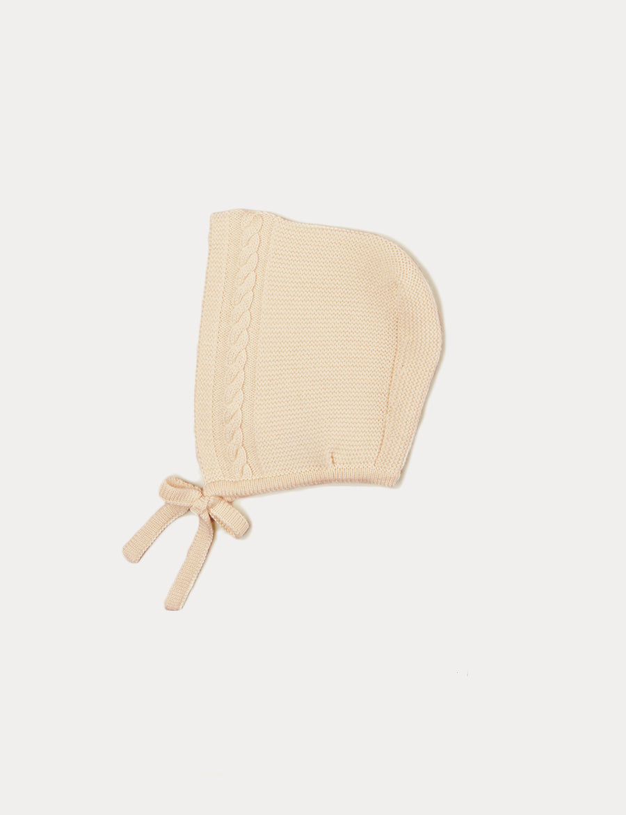 Cable Detail Knitted Bonnet In Cream (S-L) KNITTED ACCESSORIES from Pepa London