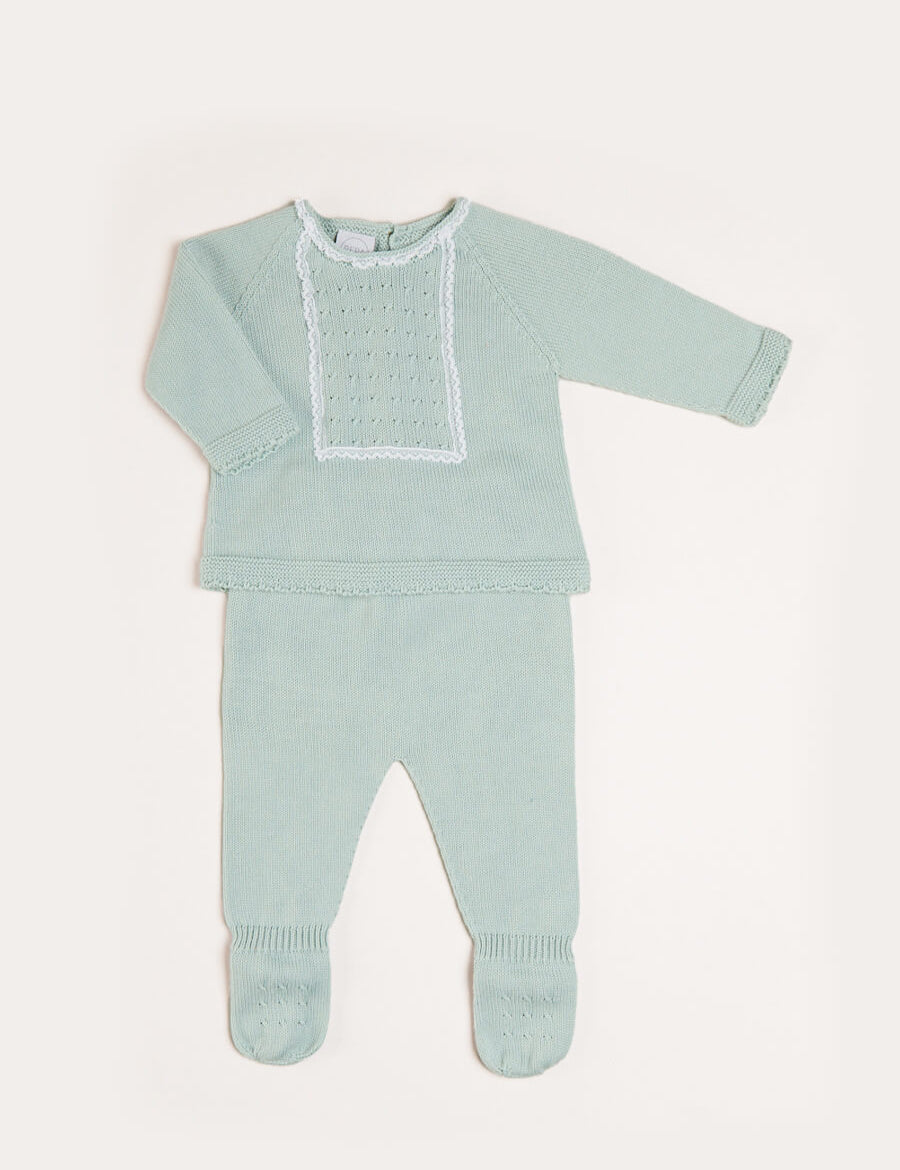 Lace Trim Knitted Set in Green (1-12mths) Knitted Sets from Pepa London