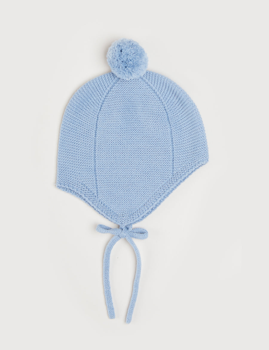 Merino Wool Pom Pom Hat In Blue (S-L) KNITWWEAR from Pepa London