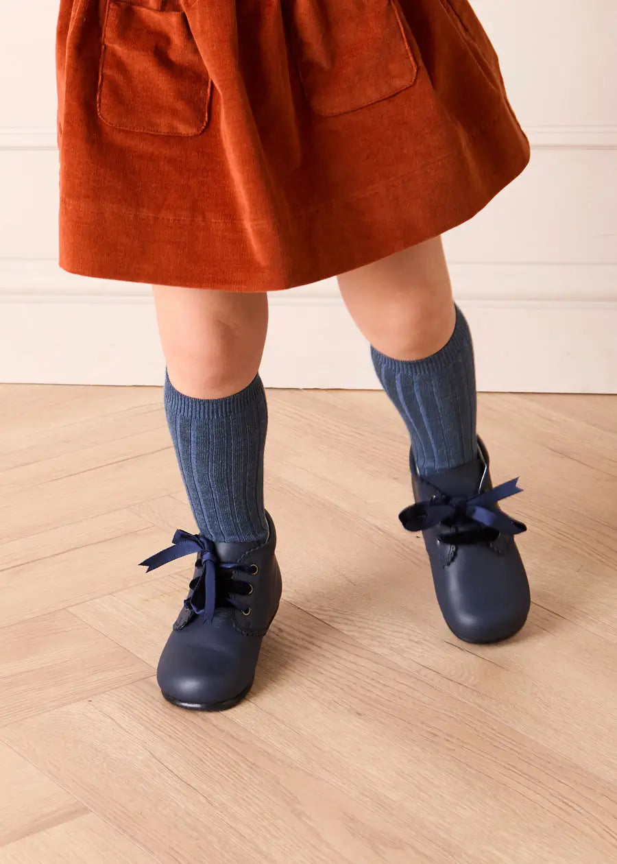 Leather Velvet Ribbon Lace Up Booties in Navy (17-26EU) Shoes from Pepa London