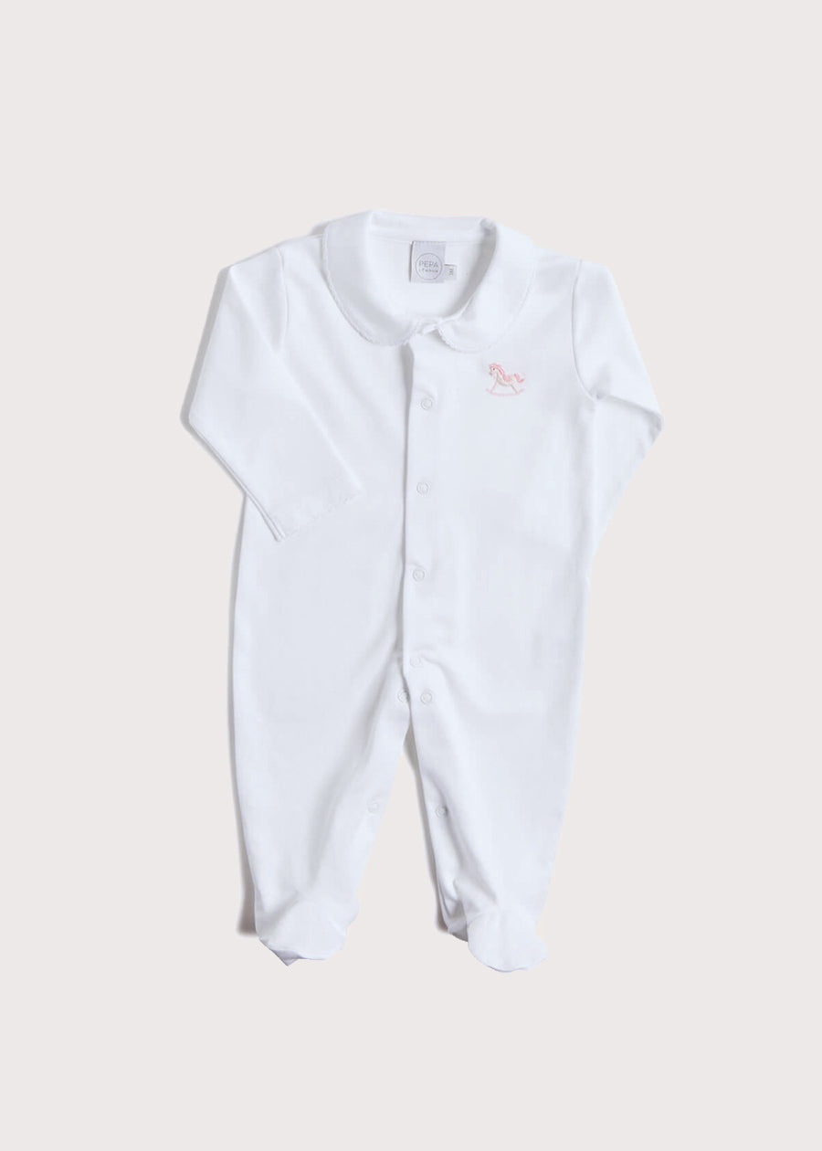 Newborn All-In-One With Rocking Horse Embroidery In Pink (1-6mths) Tops & Bodysuits  from Pepa London