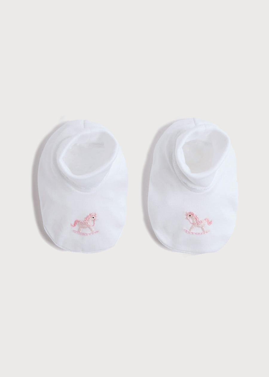 Newborn Booties With Rocking Horse Embroidery Pink (1-3mths) Knitted Accessories  from Pepa London
